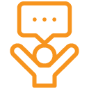 Icon of a person raising arms, speech bubble overhead.
