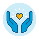 Hands surround a heart, radiating light, on a blue background.