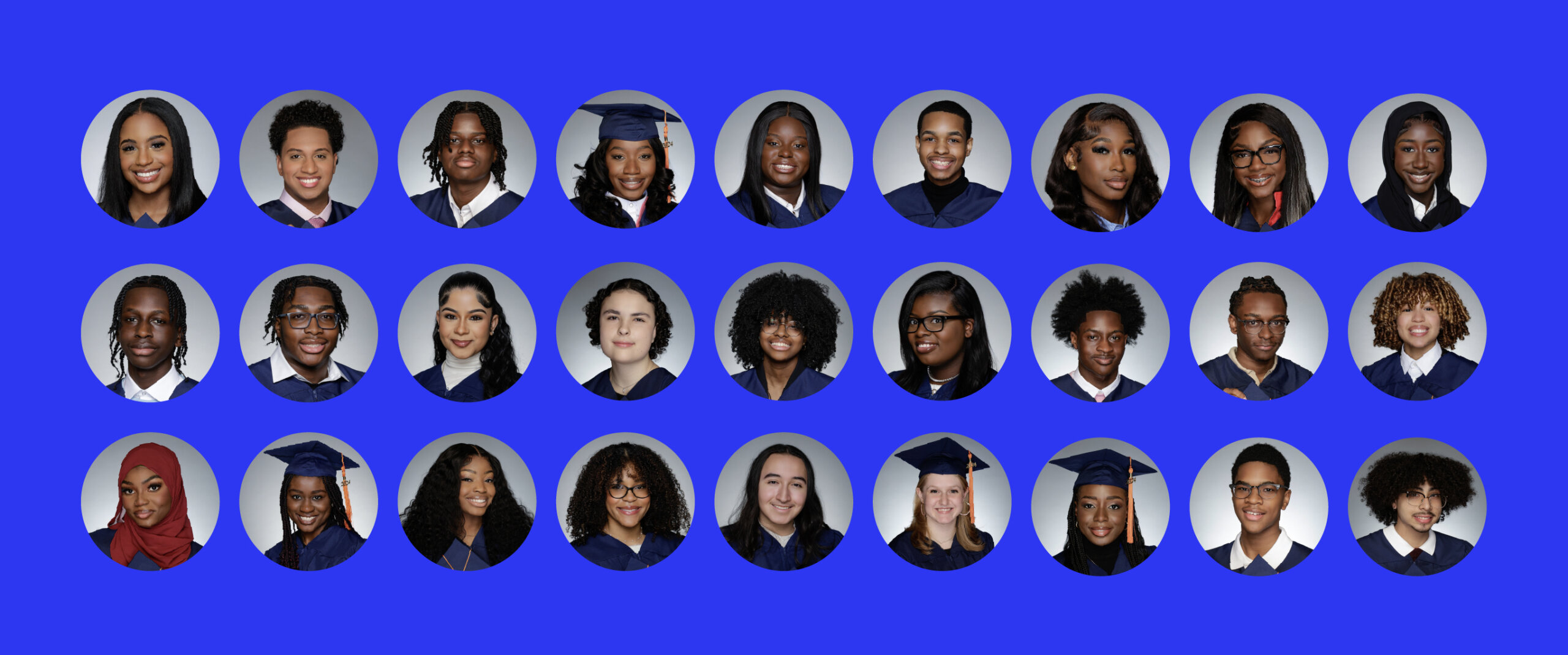 Students posing in graduation attire, arranged in blue circles.