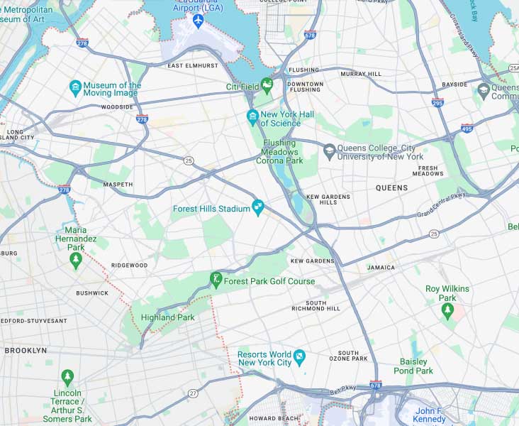 Map showing Queens, New York, highlighting parks and landmarks.